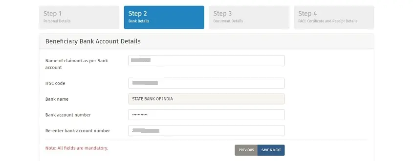 PACL refund Beneficiary bank account details