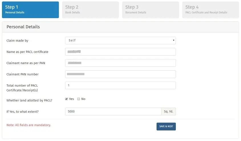 PACL refund Personal Details tab