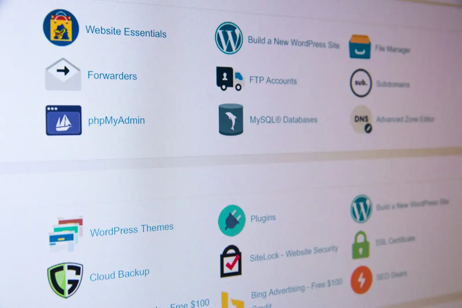 Icons representing features available in BigRock's hosting control panel, including FTP accounts, File Manager, phpMyAdmin, and other tools for easy website management.